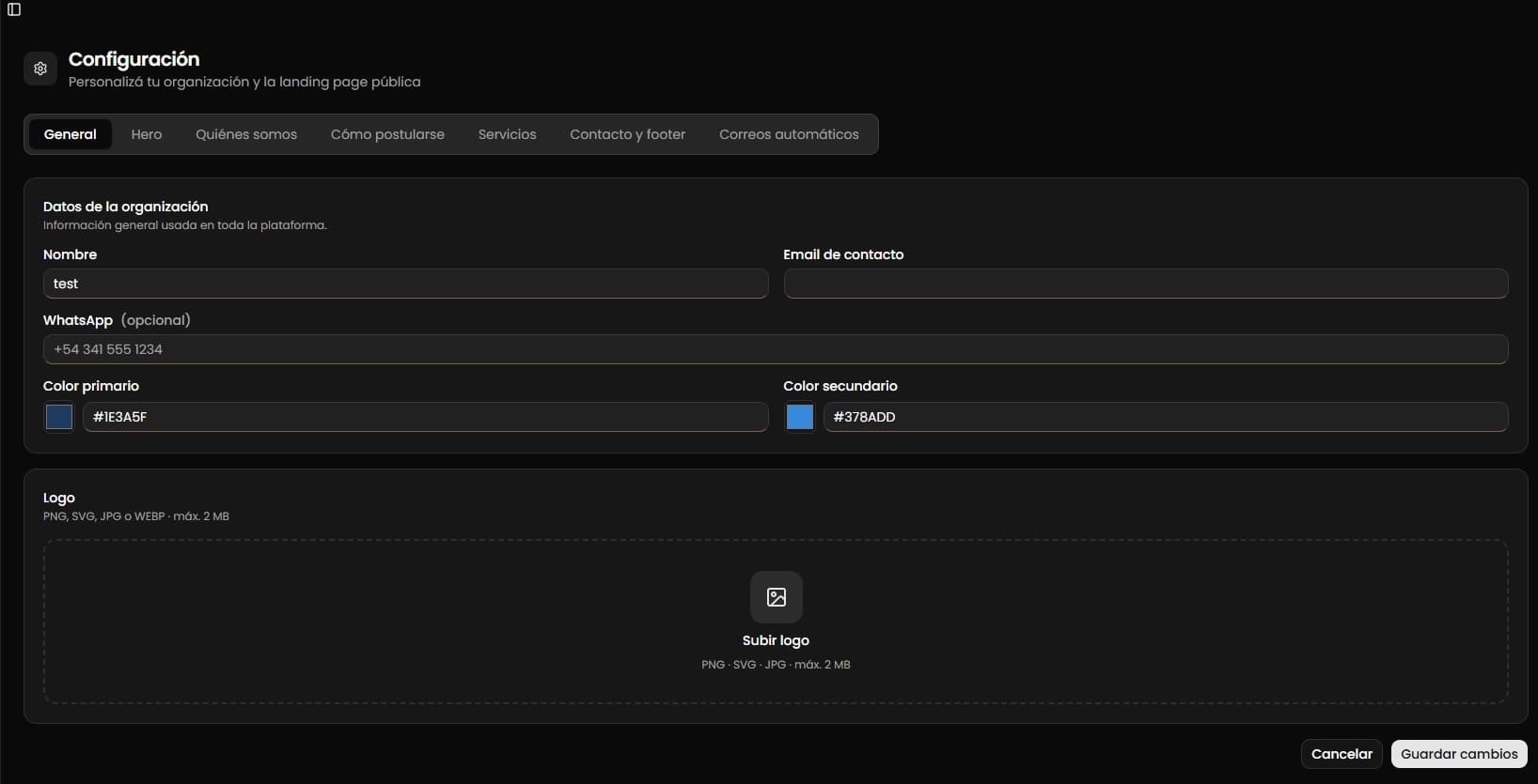 Panel de configuración de landing personalizada